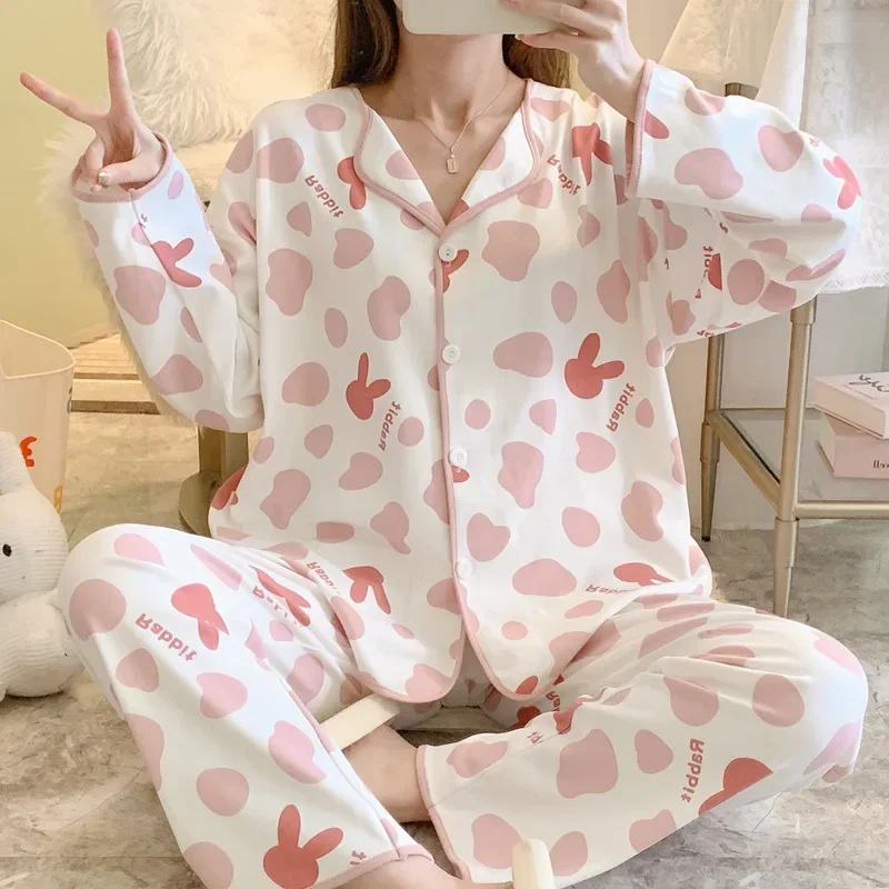 Women's Cartoon Printed Pajamas Spring Autumn Cardigan Pajamas New Long-sleeved Cute Girl Casual Loose Student Suit Loungewear