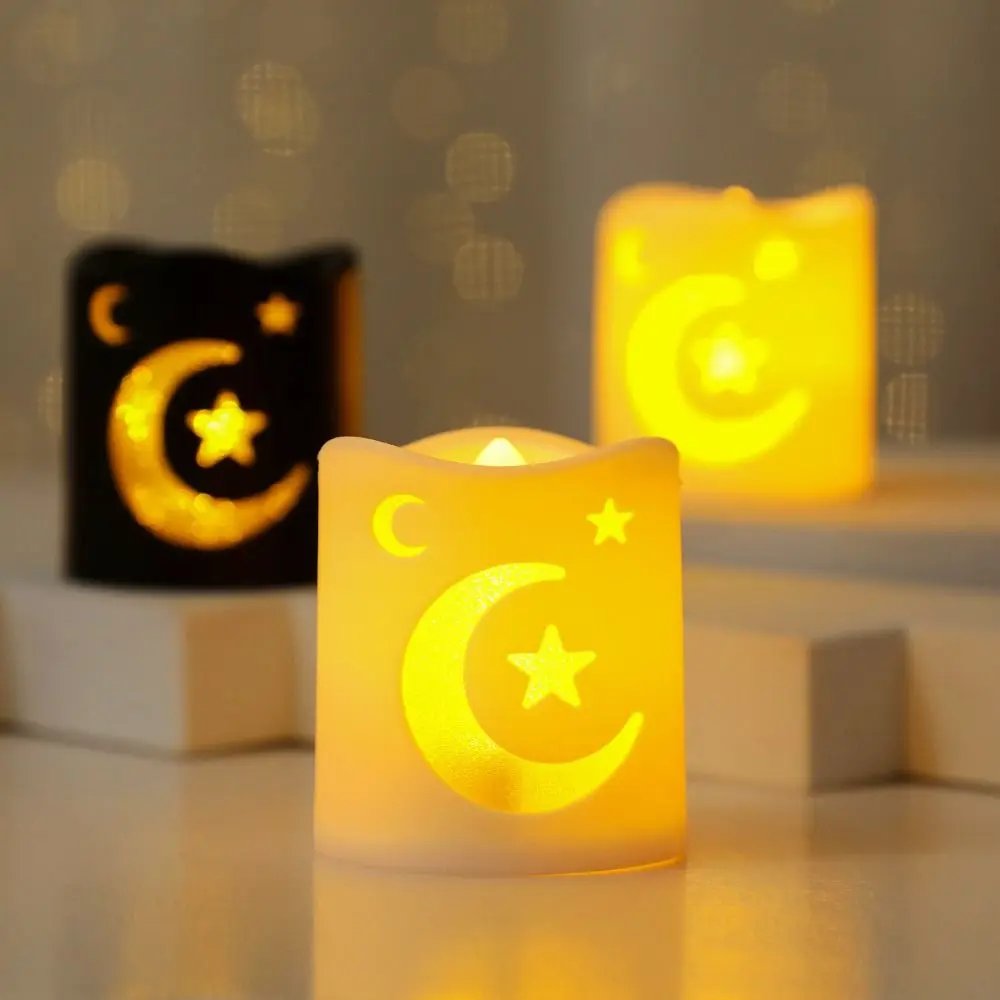 

4Pcs Battery Operated Eid Mubarak Flameless Candles Crescent Moon Shape Warm Light Eid Mubarak Lamp Cylinder-shaped Decorative