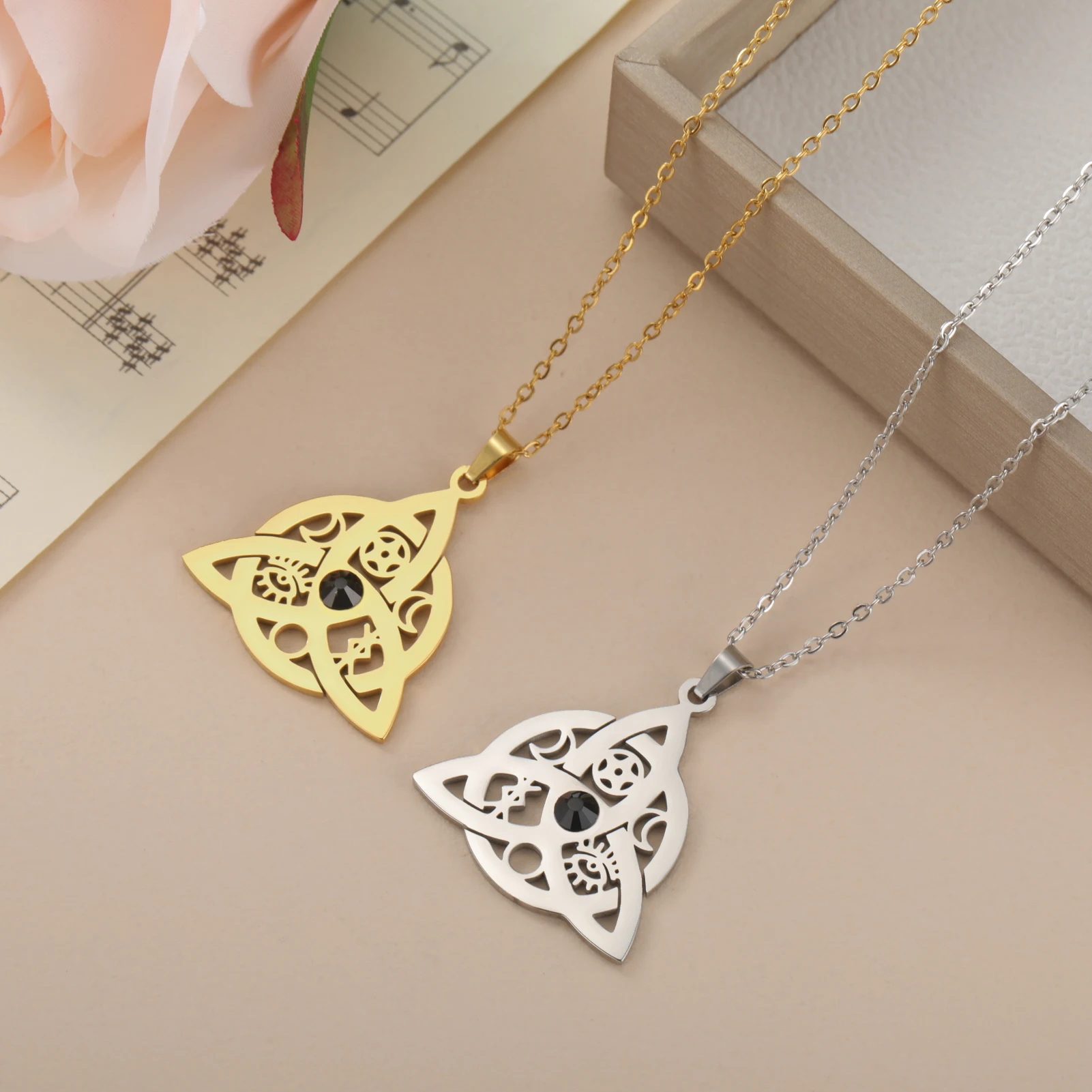 Goddess Celtic Knot Black Diamond Necklace Stainless Steel Goddess Trinity Knot Good Luck Necklace Charm Irish Lucky Talisman