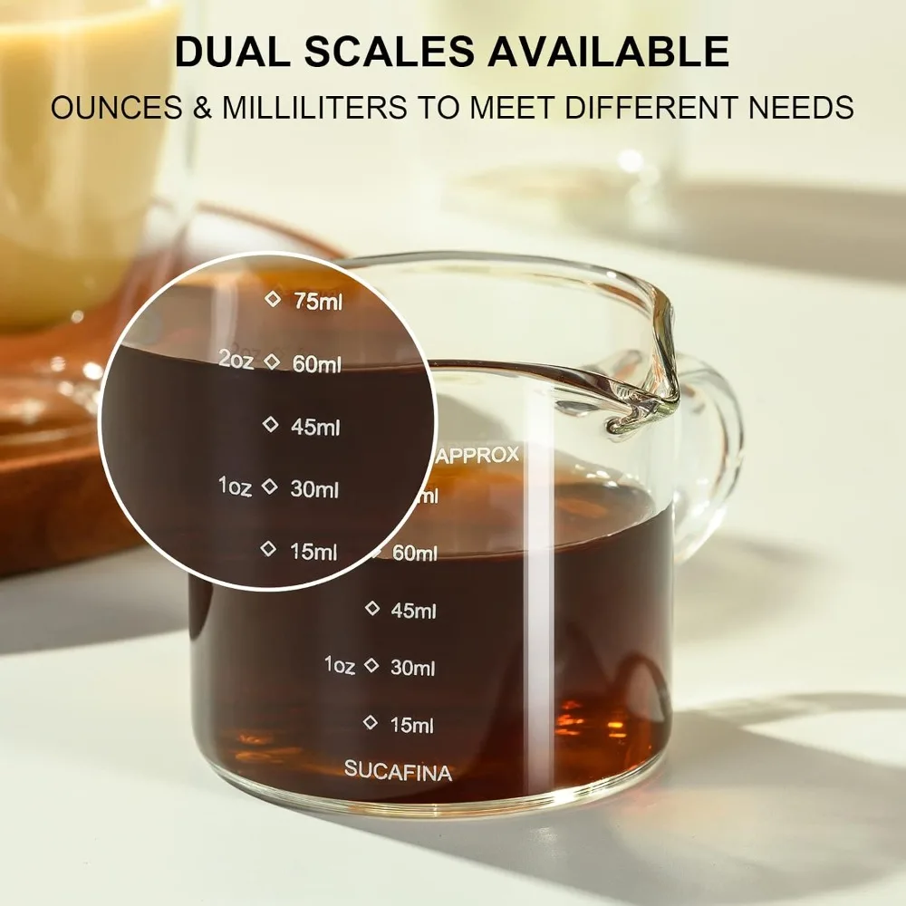 Clear Glass Espresso Cup with Handle 2.5 Ounce Double Spout Barista Measuring Cup for Coffee and Espresso with V-Shaped Mouth Dual Scale Measurement in Ounces and Milliliters Professional Coffee Accessories and Tools for view 3