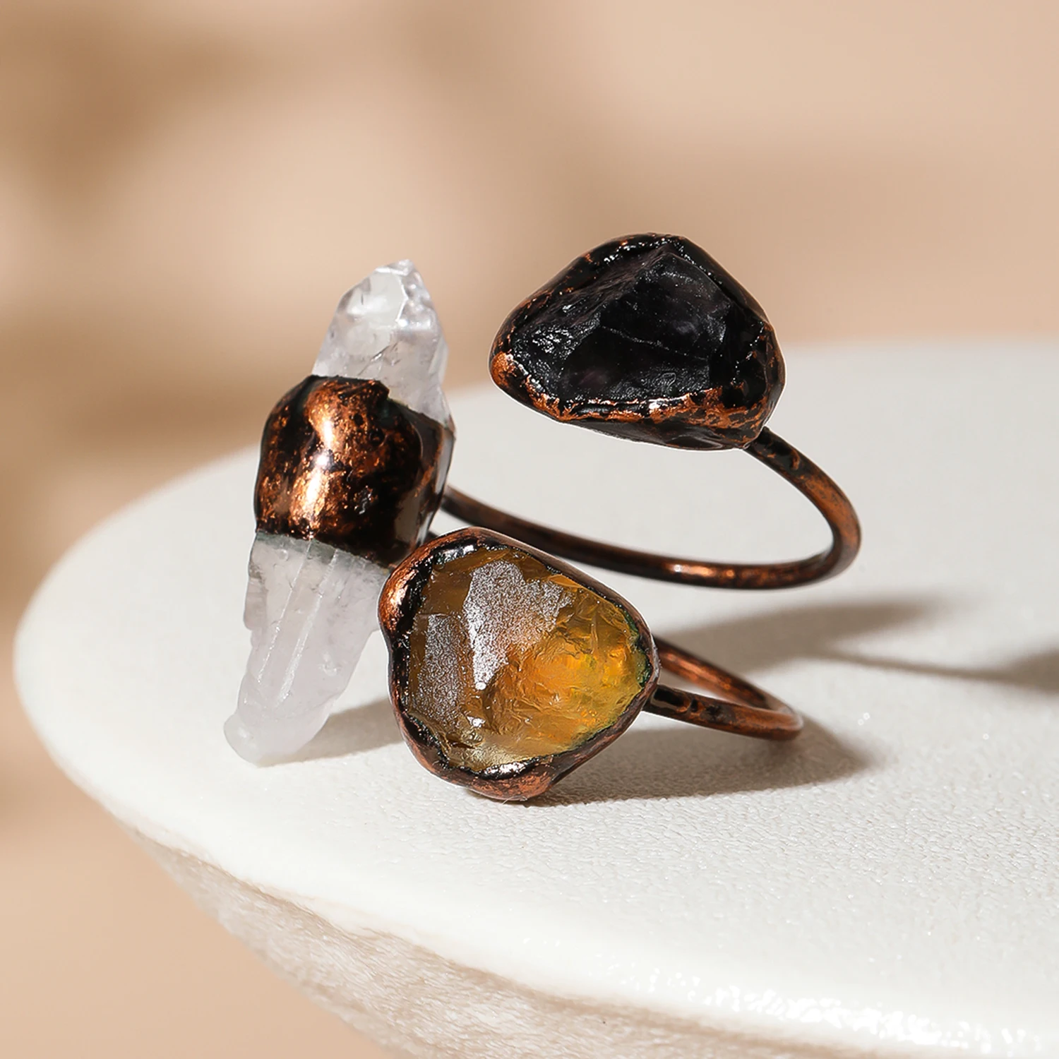Vintage Classic Open Ring with White Quartz Citrine Black Tourmaline Bronze Bezel Setting Unisex Party Daily Wear 1Pcs for Women view 5