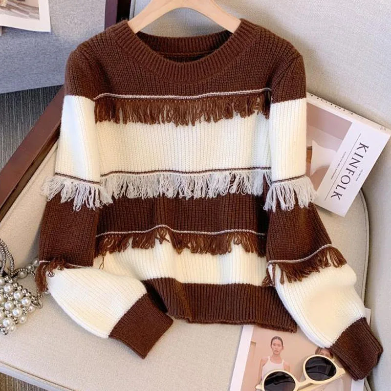 New Autumn and Winter Fashion High Grade Feeling Lazy Tassel Stripe Thickened Knitted Round Neck Versatile Loose Women\'s Sweater