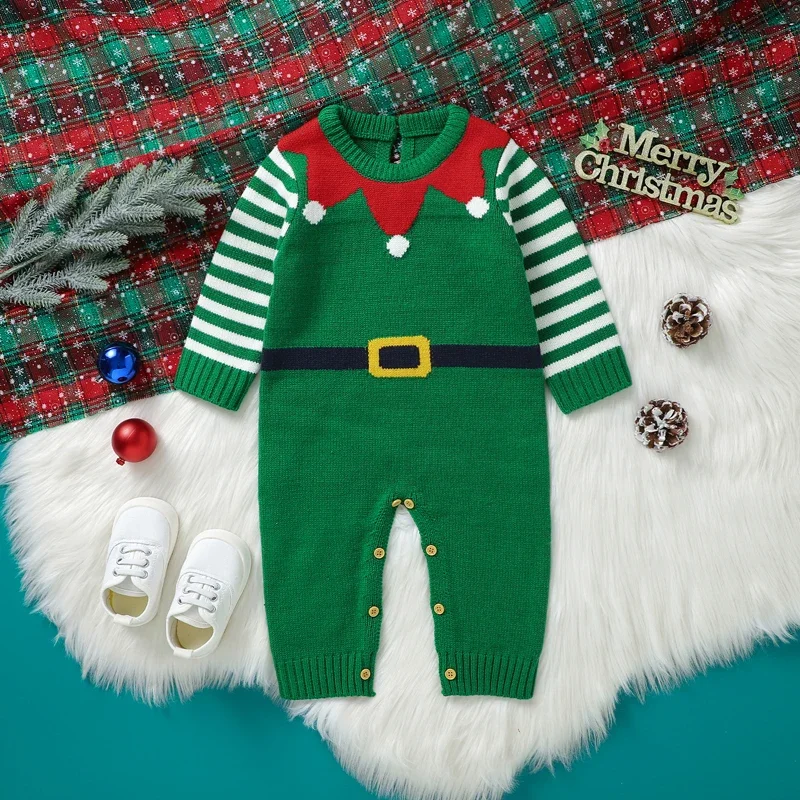 Newborn Baby Boy Girl Christmas Outfit Long Sleeve Elf Knit Sweater Romper Fall Winter Clothes