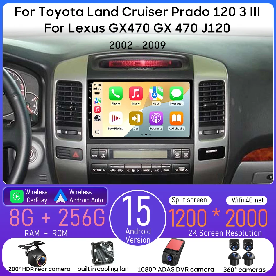 For Toyota Land Cruiser Prado 120 3 III For Lexus GX470 GX 470 J120 2002 - 2009 Car Multimedia Player Android Carplay Navigation