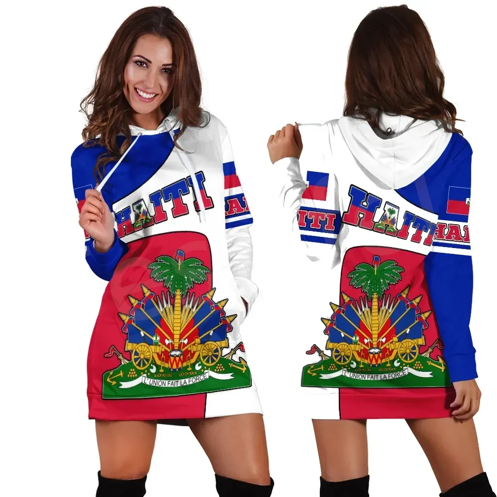 Haiti Flag 3d Women Hoodie Dress Custom Name Retro Harajuku 3d Printed Flag Pullover Casual Sexy Women Hoodie Dress