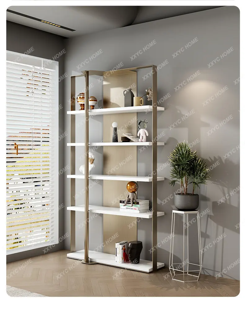 

Minimalist stainless steel bookshelf storage is set up for light luxury display shelves in the living room