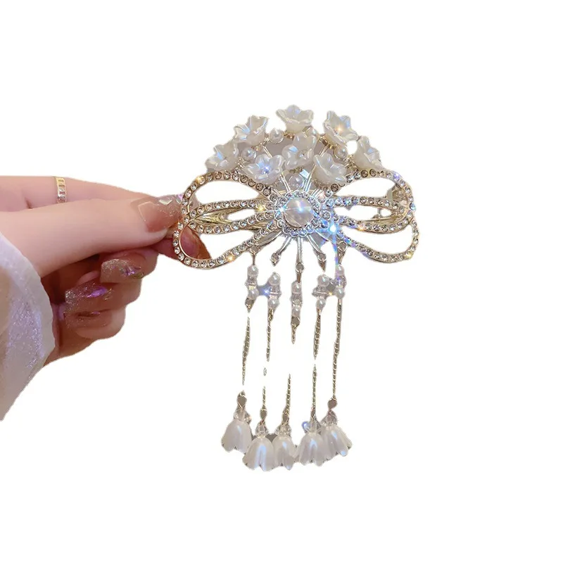 New Retro Bell Orchid Flower hair clip women bowknot tassel hair claw girls Elegant Crystal Ponytail Buckle Hair Accessories