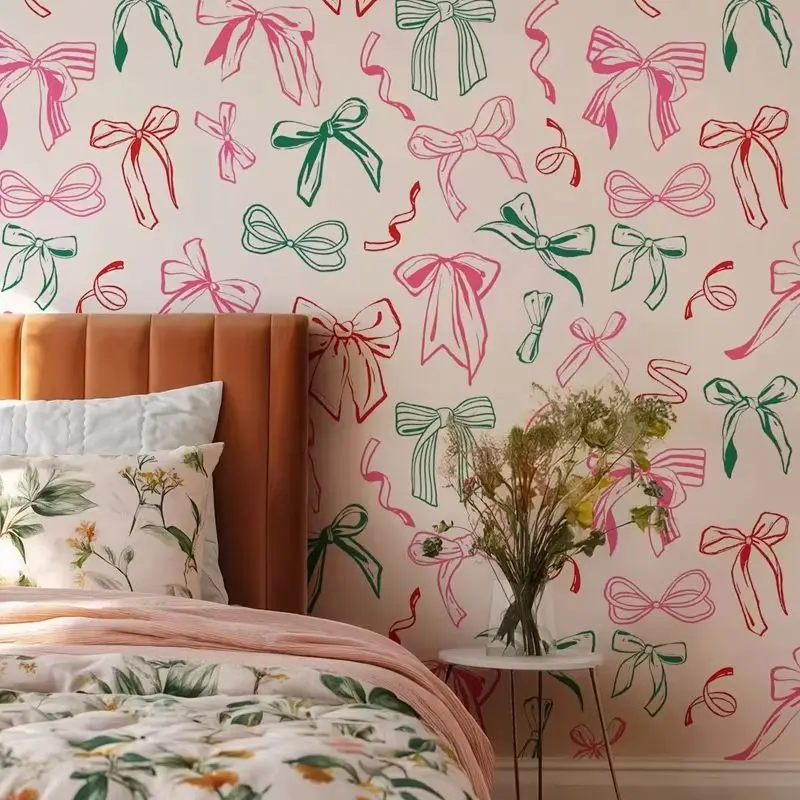 Playful Bow Pattern Wallpaper Peel And Stick. Colorful Ribbon Bow Wall Mural For Room Decor, Self-adhesive Or Traditional Papers