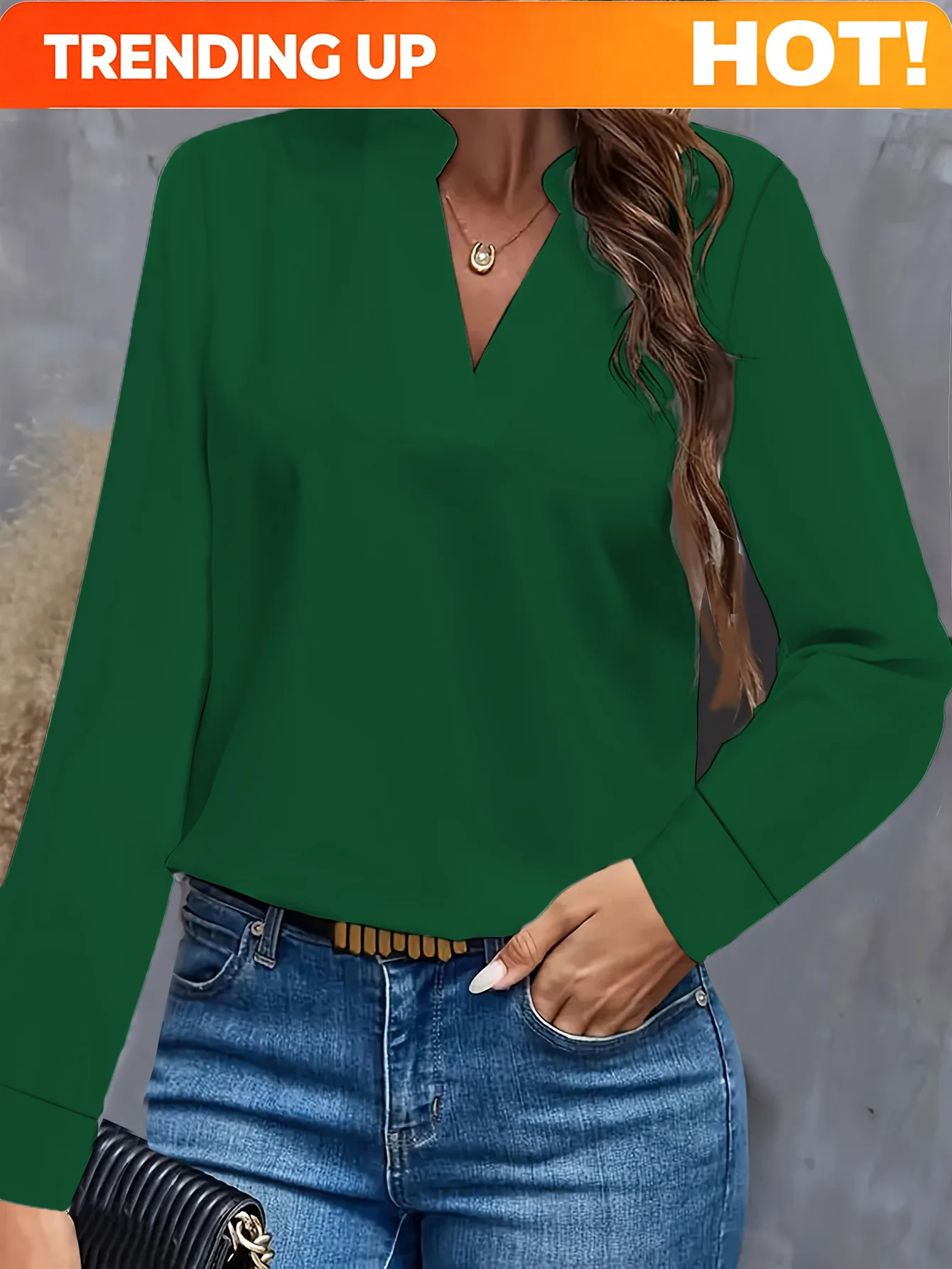 Customization Women's Elegant Solid Light Blue V-Neck Long Sleeve Blouse With Flowy Loose Fit And Notch Collar For Casual Office