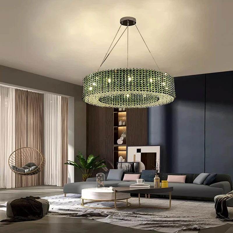 

Modern Green Color Chandelier LED Lampara Techo K9 Crystal Luxury Decoration Round Dimmable Maison Lighting Fixture Home Decor