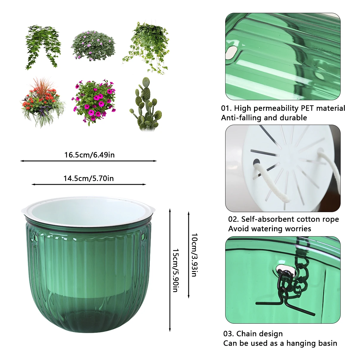 2 szt. Premium wisząca doniczka samonawadniająca wisząca sadzarka z 12 otworami drenażowymi i odłączanymi łańcuszkami trwały wieszak na rośliny