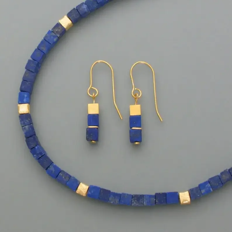 Cube earrings Lapis Lazuli, gilded