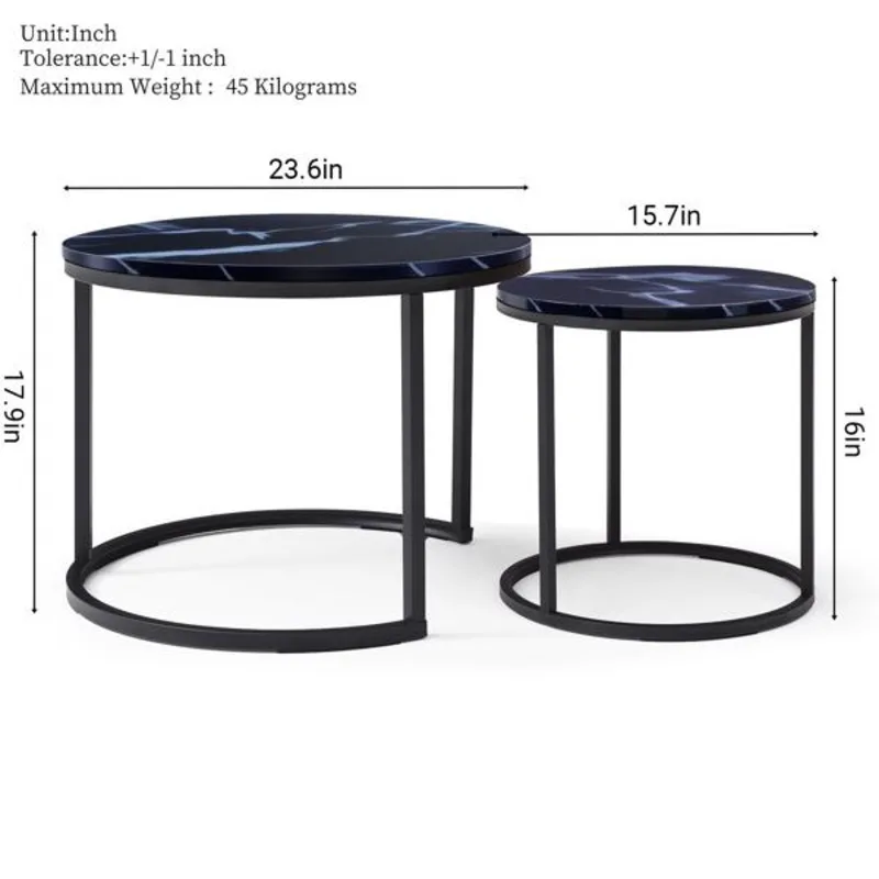 2-Piece Coffee Set Nesting Tabletop Black Frame Round Marble Pattern Wooden Table Modern Industrial Style Simple Bedside
