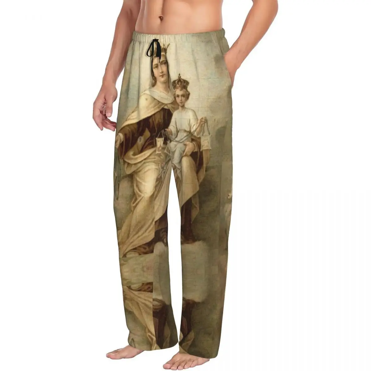 Custom Our Lady Of Mount Carmel Pajama Pants Men's Catholic Virgin Mary Lounge Sleep Stretch Sleepwear Bottoms with Pockets