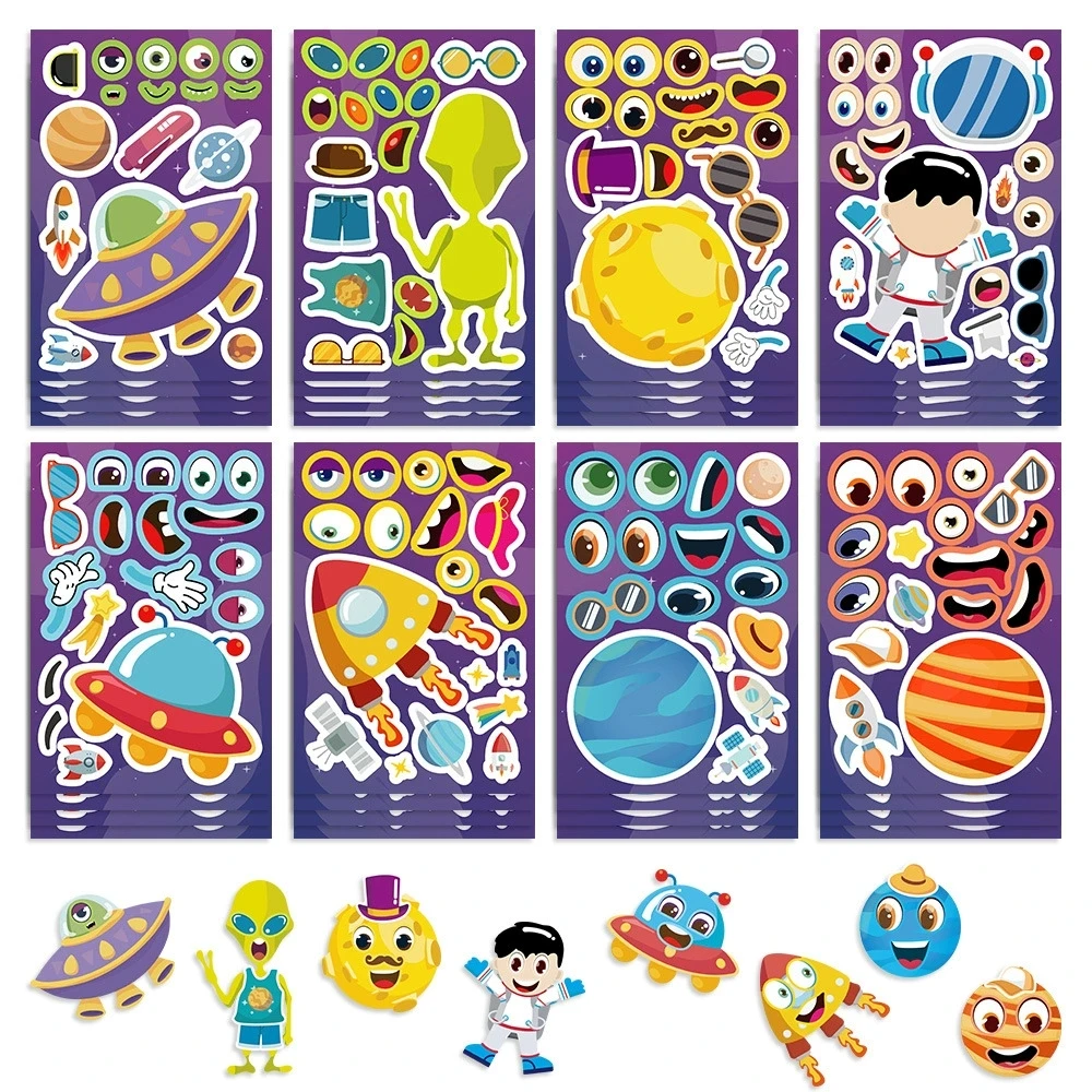 Variety Of 8PCS Cartoon Make a Face Change Sticker DIY Decoration Phone Notebook Pen Stationery Sticker For Children Rewards