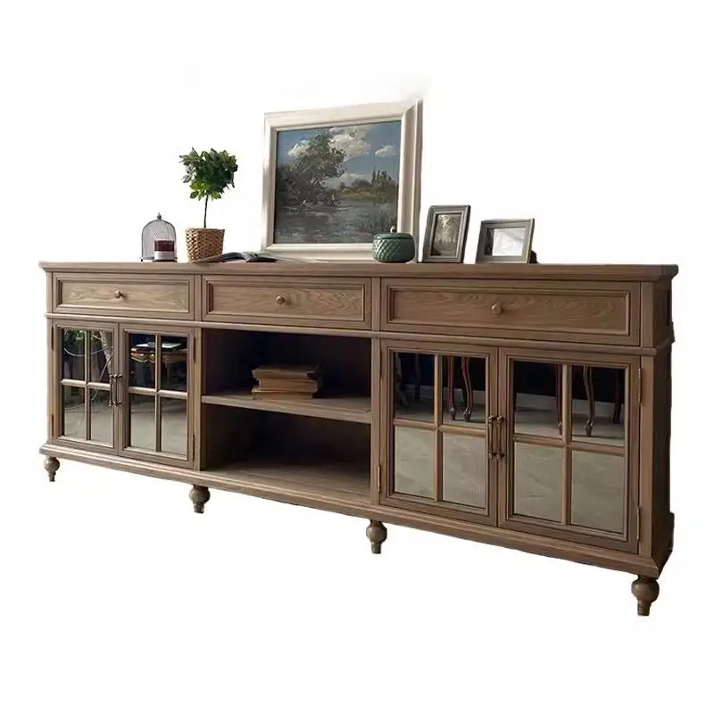 

French solid wood dining side cabinet antique storage rack kitchen retro living room