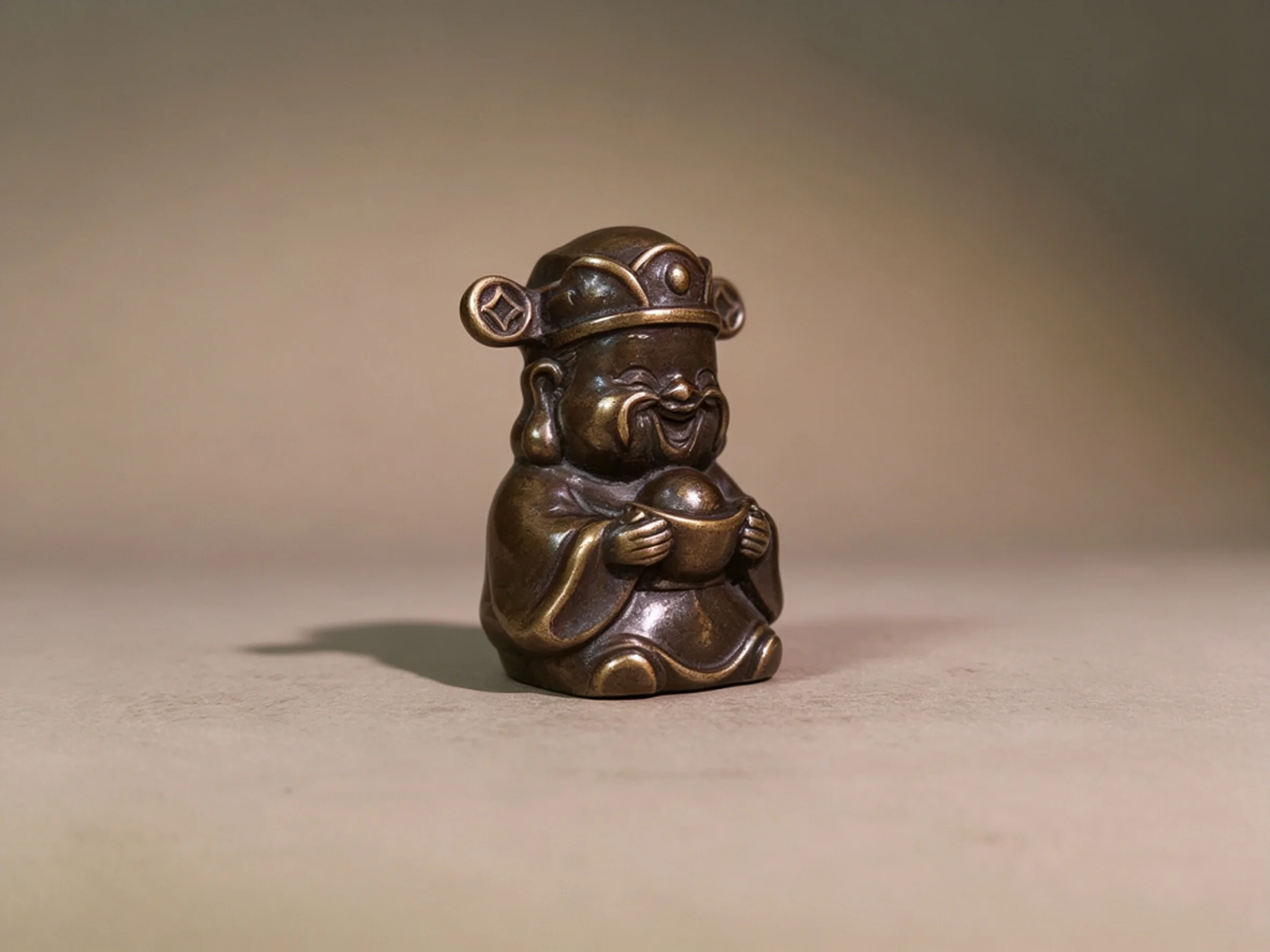 Exquisite Solid Pure Copper Mini God of Wealth Tabletop Ornament, Decorative Artwork and Gift for Home, Office and Antique Colle
