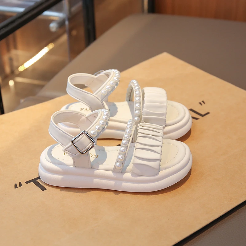 

Summer Kids Sandals for Girls Anti-slippery Sole Toddler Open-toe Beach Shoes with Pleated Leather Shiny Beads Party Wedding Ins