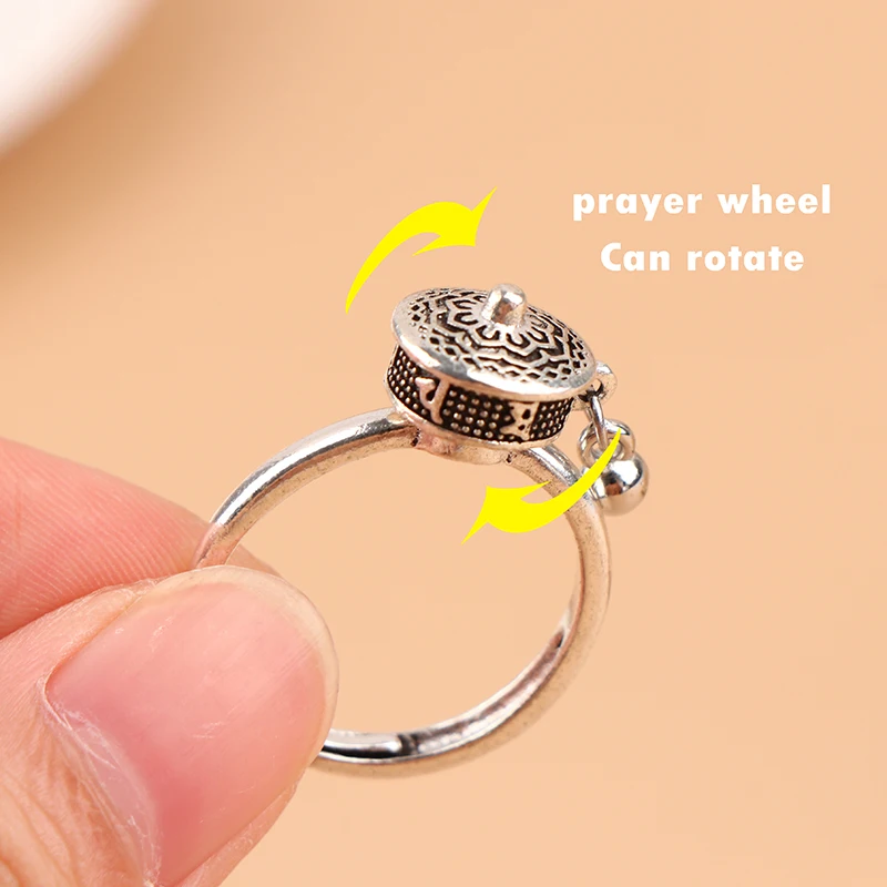 Buddhist Tibetan Prayer Wheel Ring Good Luck Chakras Ring Lotus Floral Ring Open Adjustable Rotating Rings Gifts