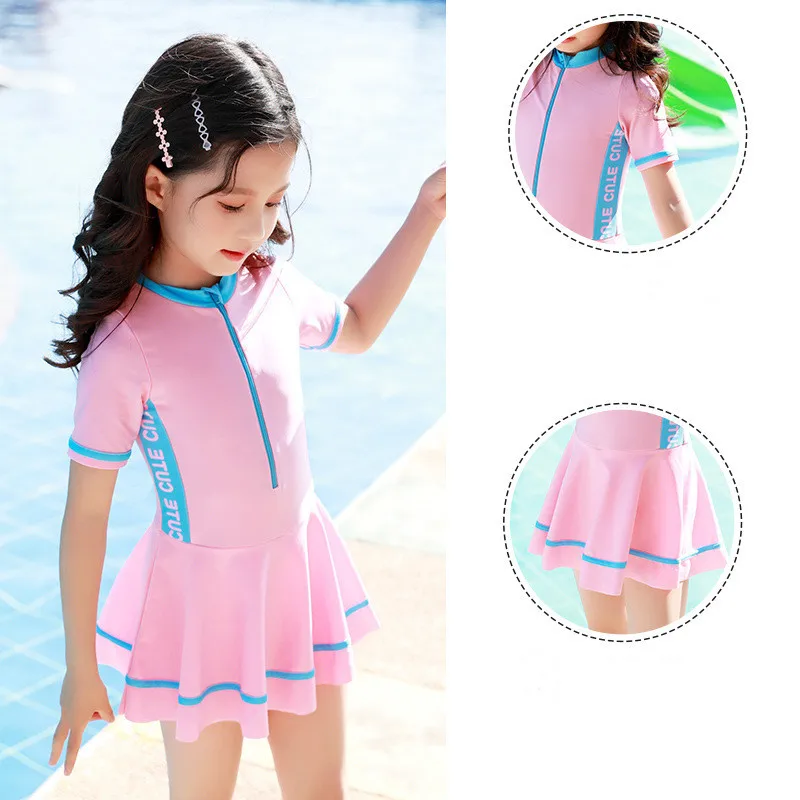 Children's One-Piece Swimsuit Shorts Suit Girls' Short Sleeve Long Sleeve Contrast Korean Version Sweet Princess Sports Swimsuit