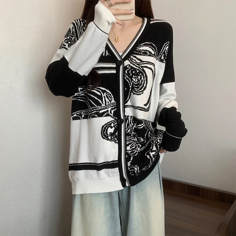 H Horse Knit Cardigan Women Long Sleeve Golf Sweater Jacquard En Desordre Finesse Coat Autumn Winter Luxury Brand Tops Clothing