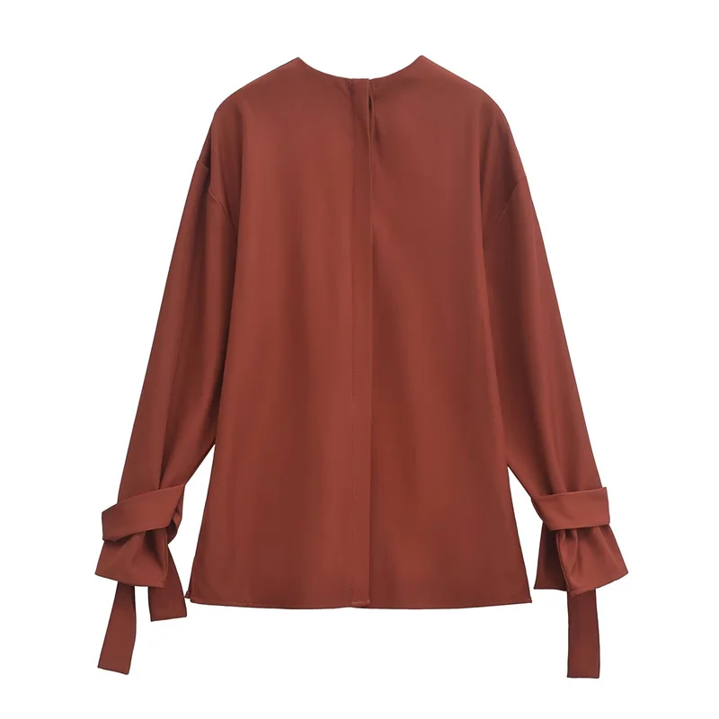 KEYANKETIAN 2024 Autumn New Women's Cuff strap decoration Shirt Pullover Solid color O-Neck Office Lady Loose Blouse Simply Top