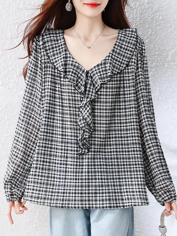 Loose Long Sleeve V-Neck Women's Shirt Casual Style Plaid Pattern Lantern Sleeve Bell  Design Fashionable Autumn Top