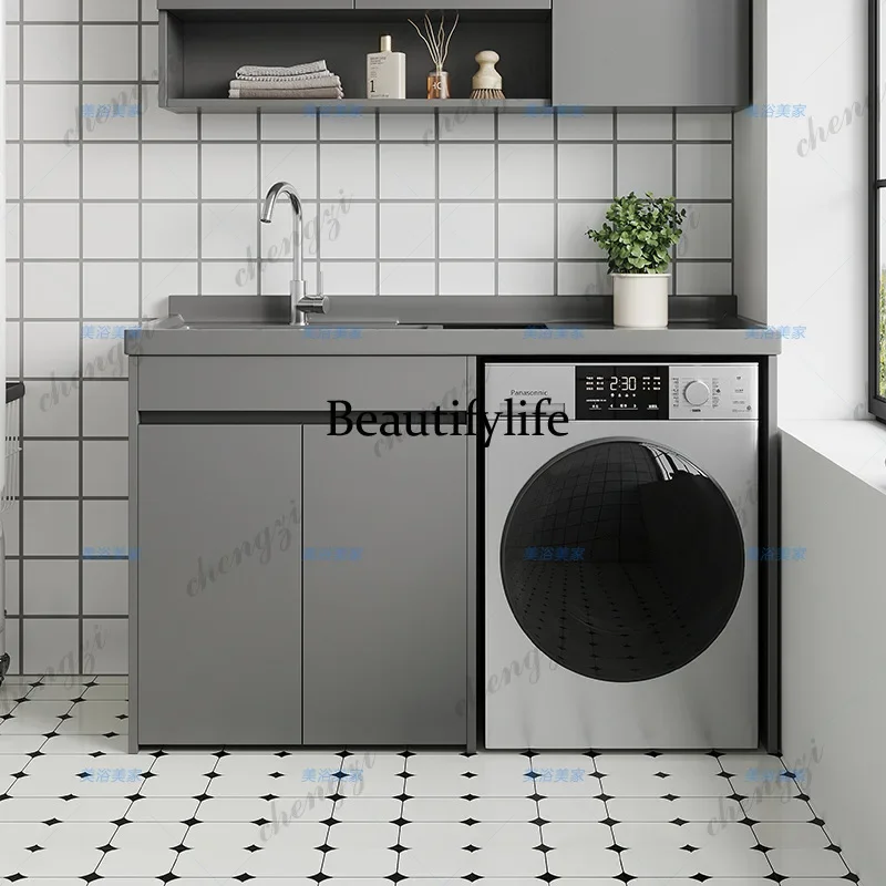 R134 L181 Modern Simple Aluminum Washing Machine Cabinet Quartz Stone Countertop Basin Washboard Balcony Cabinets Bathroom Furni
