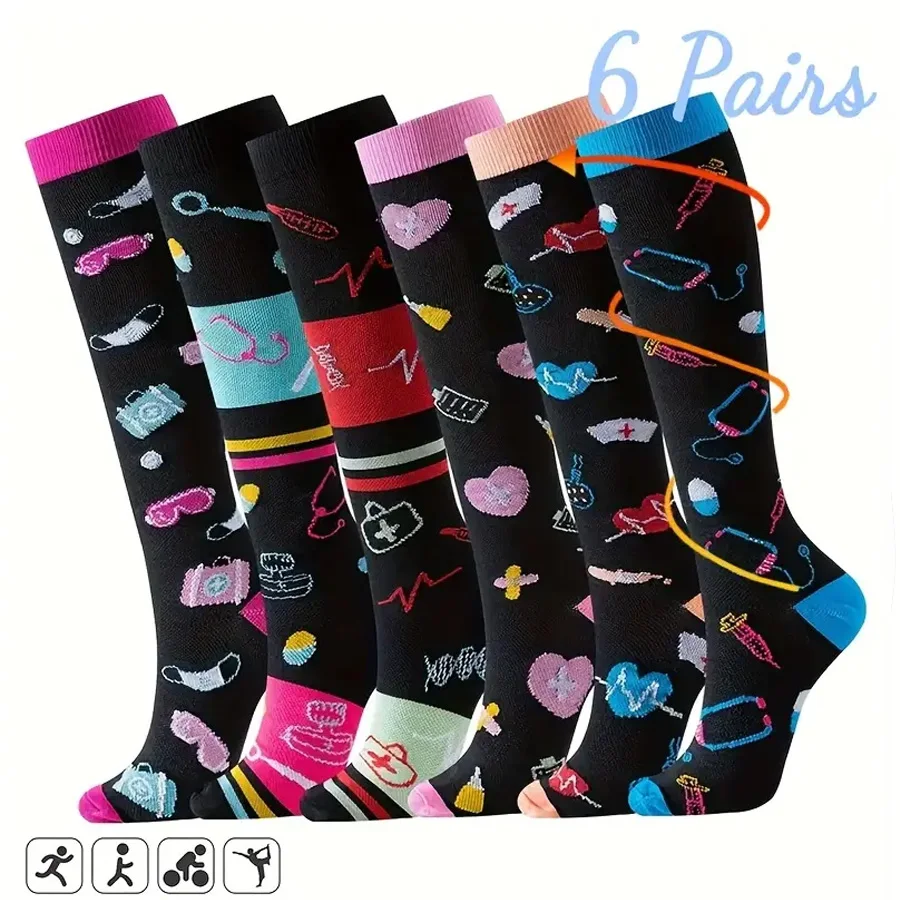 

6 пар - Компрессионные носки для мужчин и женщин - Эластичные и удобные для всех сезонов для бега, езды на велосипеде, фитнеса и спорта.