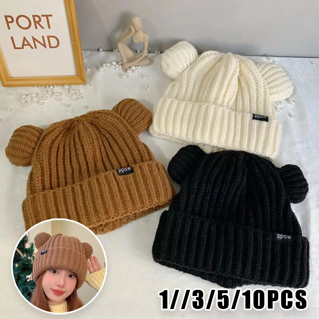 

2025 New Korean Loose Bear Ears Knit Hat Women Winter Chunky Slouchy Beanie Faux Fur Ear Flap Cap Thermal