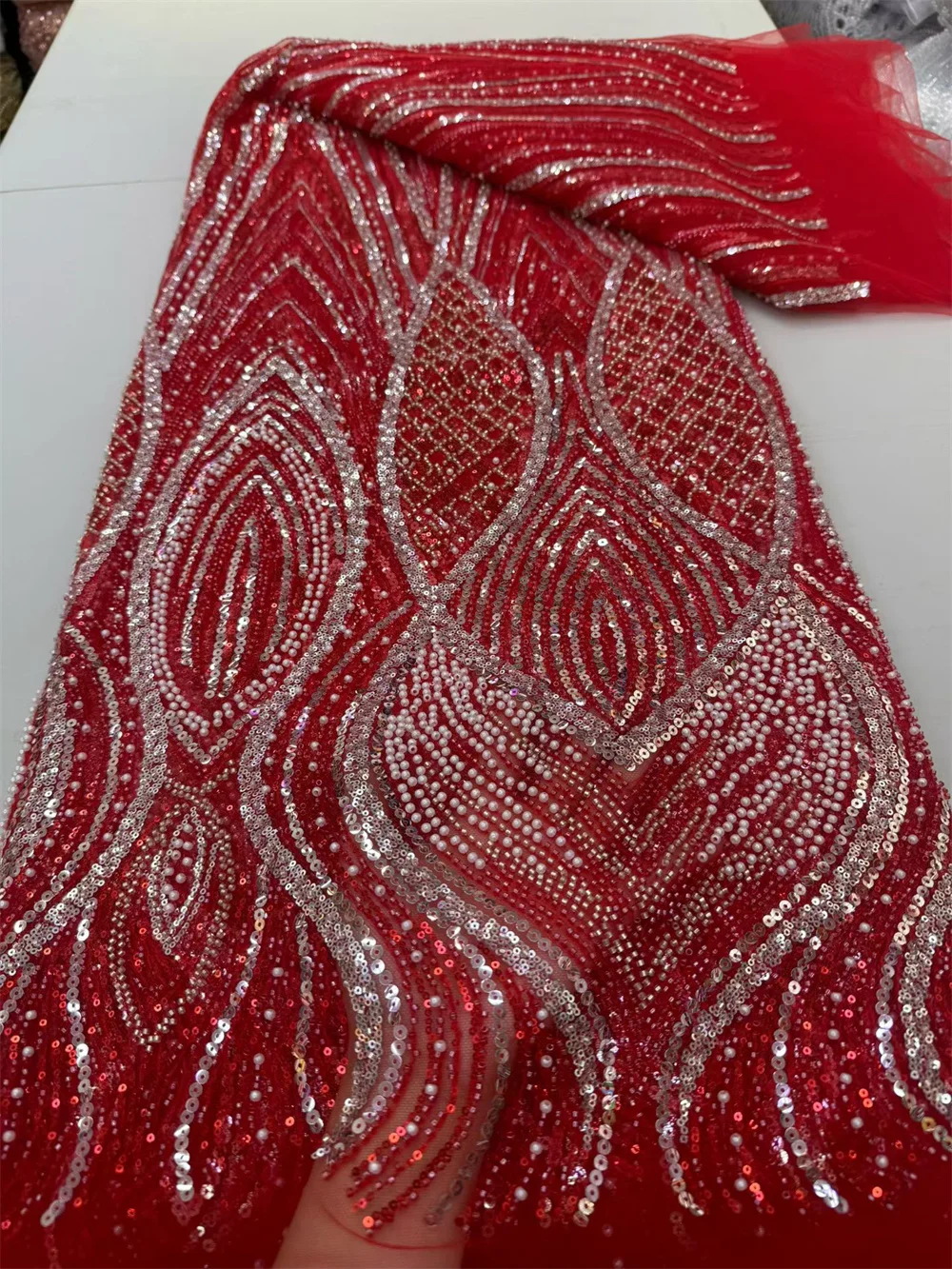 

5 Yards Luxury African Sequins Groom Red Lace Fabric 2025 High Quality French Nigerian Bead Lace Fabric For Wedding Dress H158-1