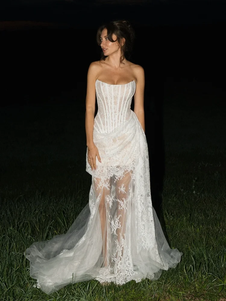 VC Vestido de novia romántico con espalda descubierta y encaje transparente con brillo de luna para fiesta y gala
