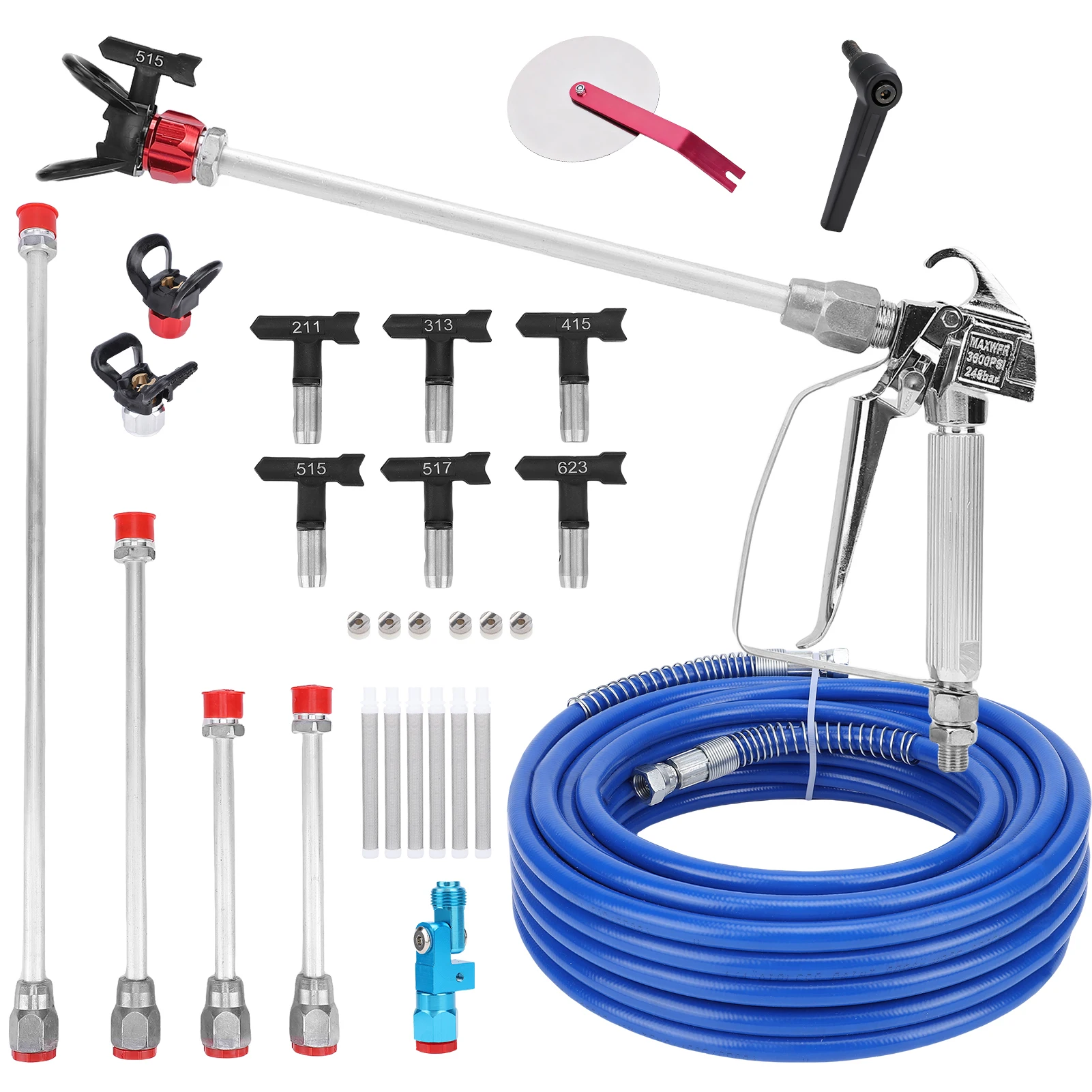 22 قطعة طقم بخاخ طلاء بدون هواء خرطوم 50 قدم 6 فوهات قابلة للعكس (211,313,415,515,517,623) 4 قضبان تمديد 6 أداة دليل المرشحات