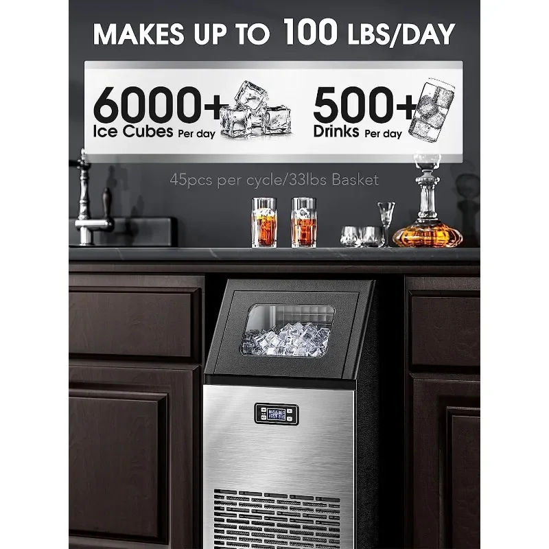 Joy Pebble Commercial Ice Machine,100 lbs/Day, Under-Counter Commercial Ice Maker with 24 Hour Timer,Ice Thickness Control