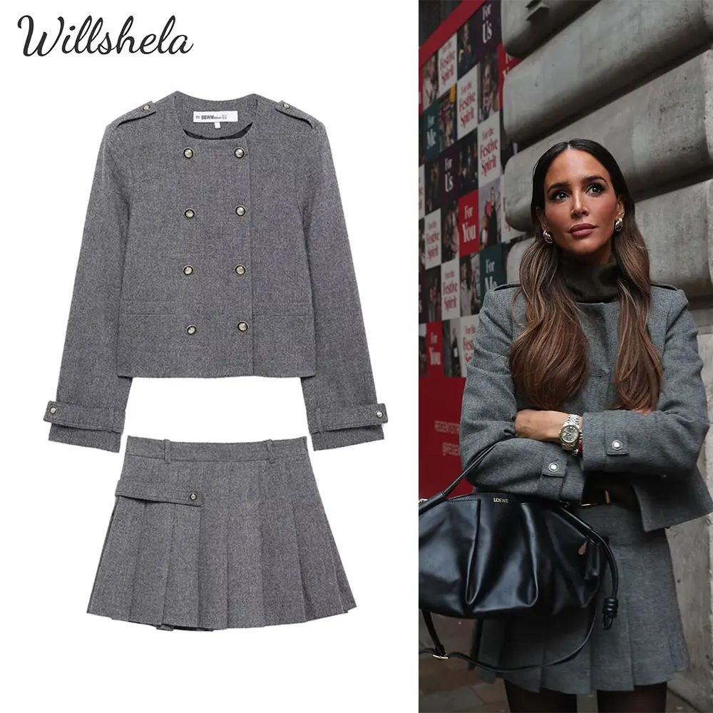 

Willshela Women 2 Pieces Sets Woolen Blended Jacket and Skirt Long Sleeves Wide Pleated Female Chic Mujer Outifts Coordinates