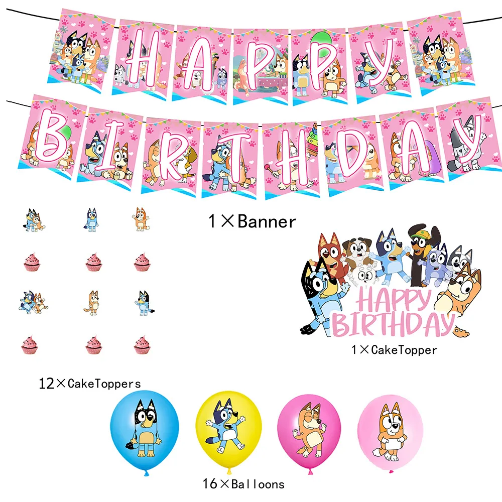 Cartone animato rosa Bluey famiglia Cane Fornitura per feste di compleanno Banner usa e getta Cake Topper Palloncini con bandiera appesa Set Decorazioni di compleanno