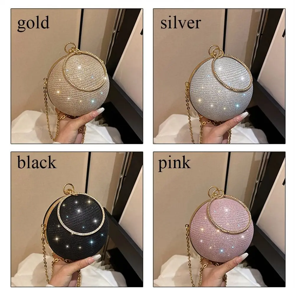 Gold Bright Silk Circular Evening Bag Women Banquet Clutch Rhinestone Decor Chain Shoulder Bags Luxury Female Party Handbags