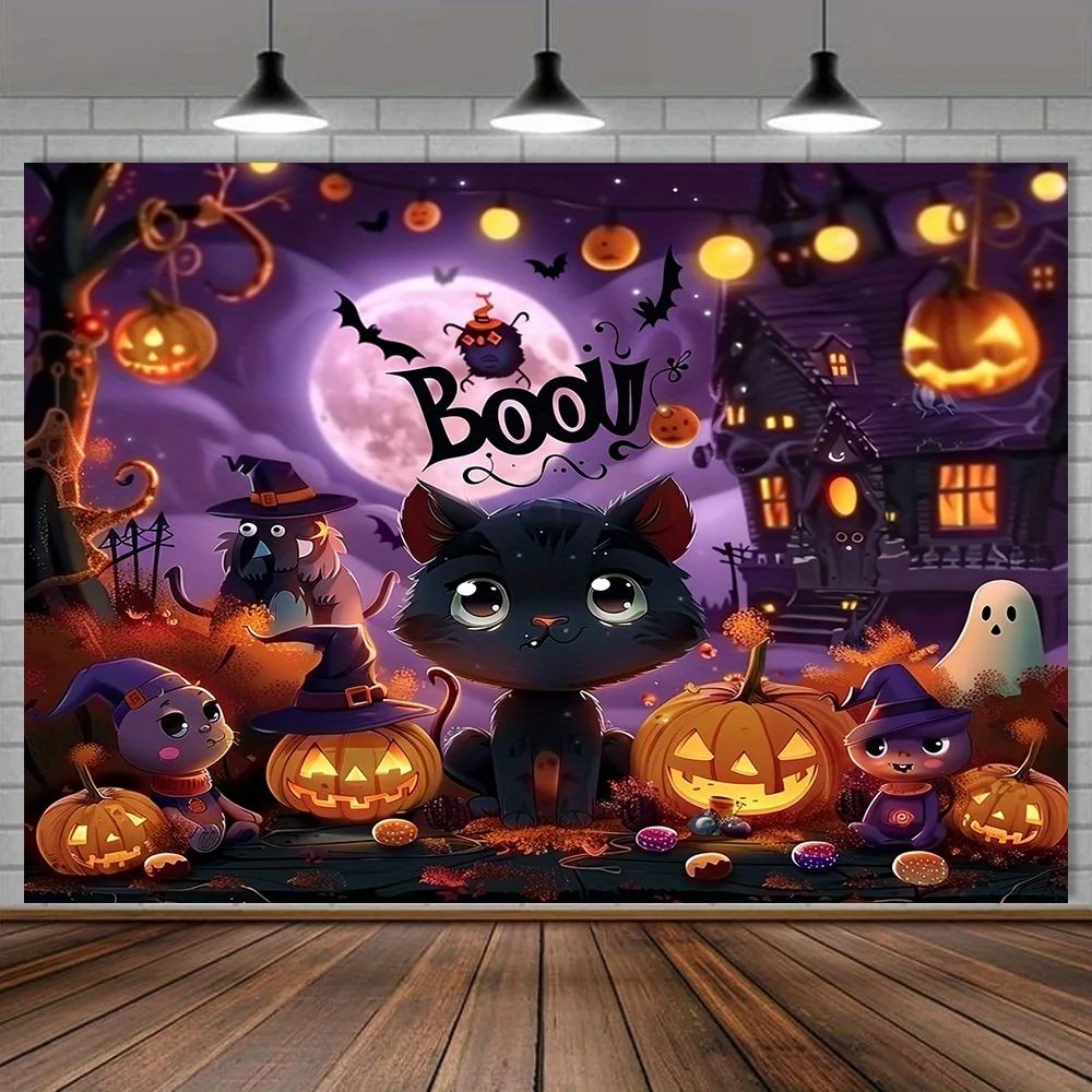 1-Halloween-Hintergrundbanner – mit erschreckendem Kürbis- und Spukhausdesign, perfekt für die Party-Dekoration im Freien