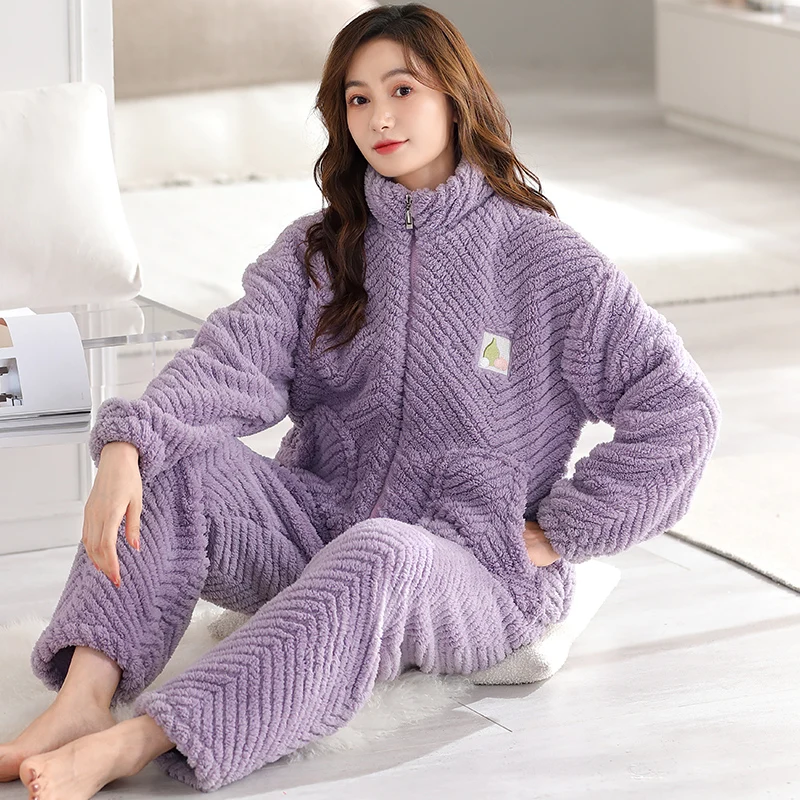 Pajamas Women's Winter Flannel Cardigan Zipper Round Neck Comfortable Keep Warm Plush Fabric Pyjamas Female Home Clothes Set