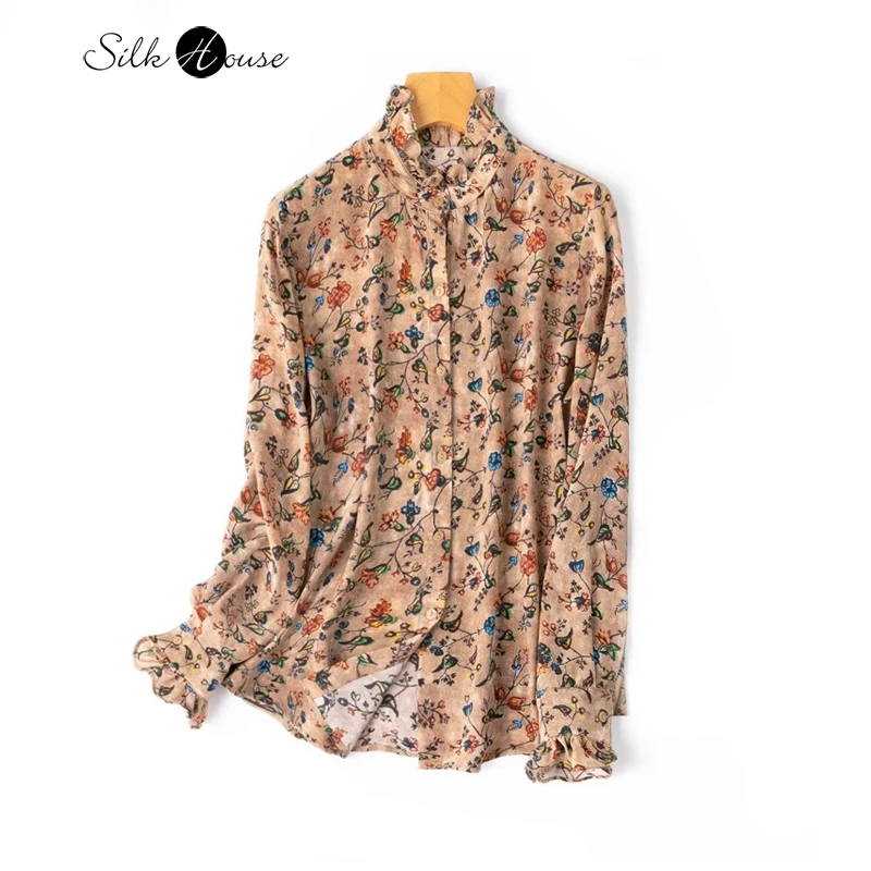 2024 Women\'s Fashion Spring New Luxury Plant Flower Print 100%Natural Mulberry Silk Crepe De Chine Ear Collar Vintage Shirt