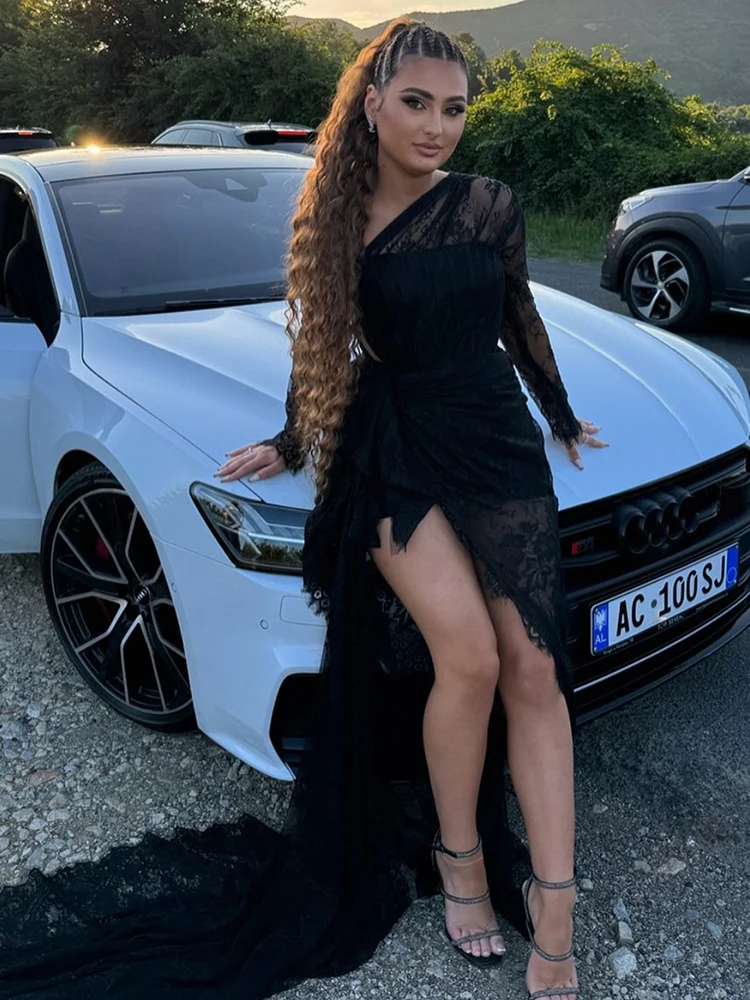 Maxi Cocktail Party Gowns Sexy Black Lace Illusion Asymmetrical Long Evening Dress See Through Full Sleeves Cut Out