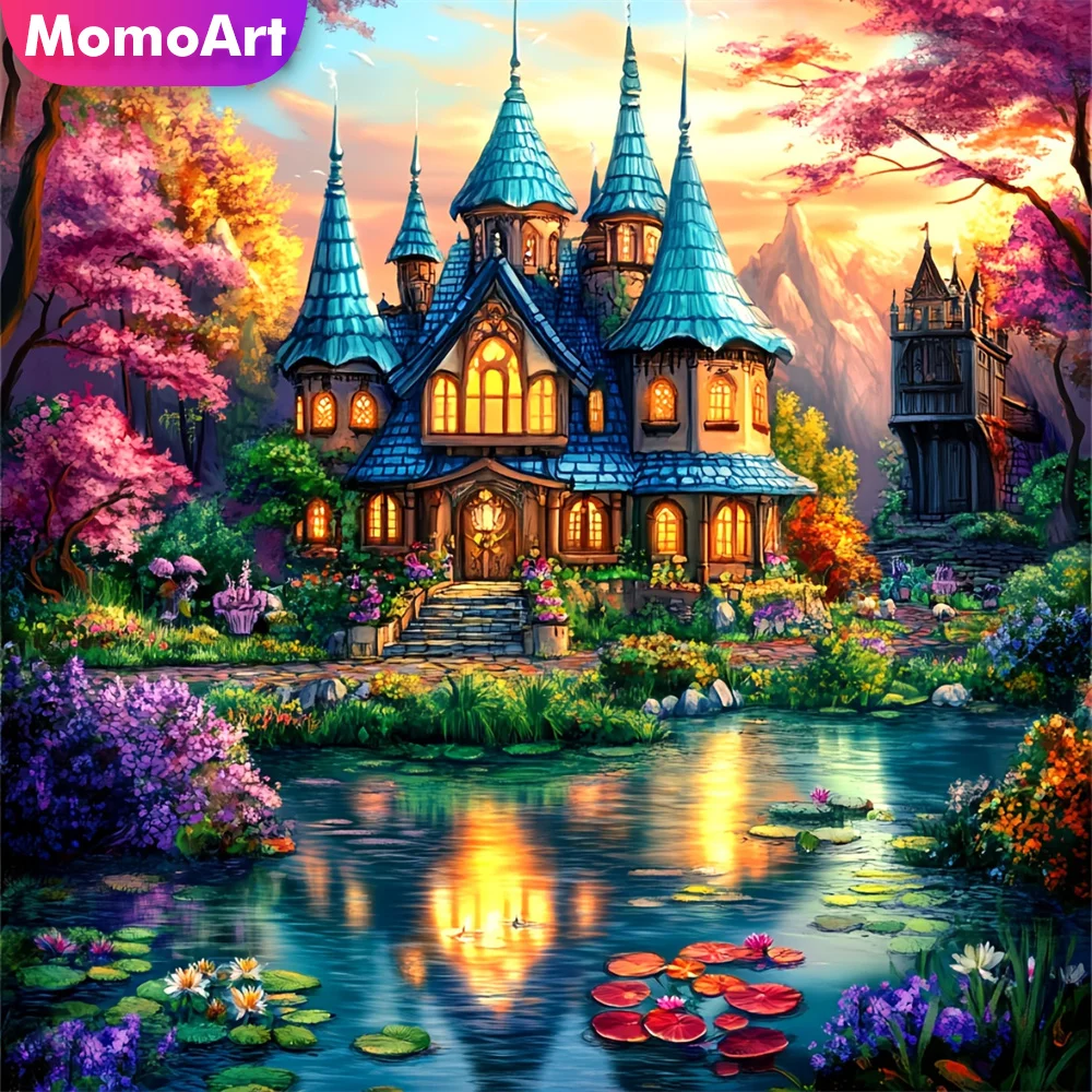 Momoart Vollquadrat Rund Diamant Mosaik Schloss Landschaft Handarbeit DIY Malerei Haus Stickerei Fluss Dekor für Zuhause