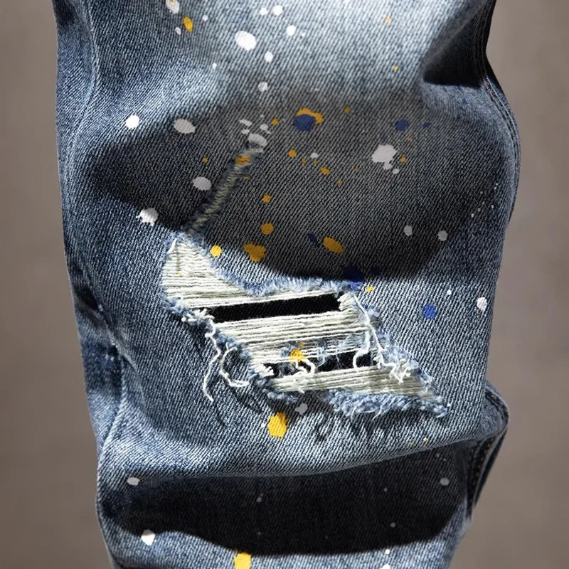 Street Designer Fashion Men Jeans Retro Blue Stretch Slim Fit Painted Ripped Jeans Men Patched Vintage Casual Denim Pants Hombre