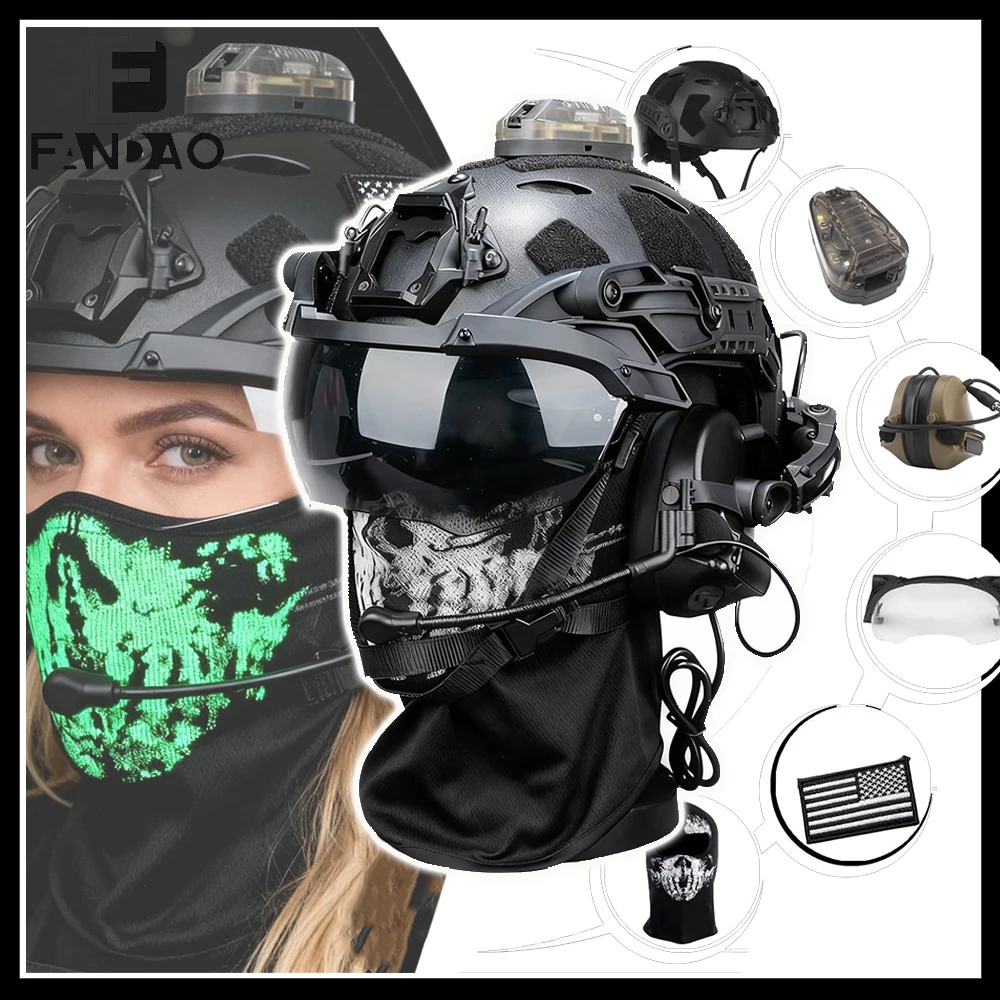 Tactical Complete Bump Helmet Kit with Headset Patches Flip-Top Goggles Mask Signal Light for Airsoft Hunting Shooting Training