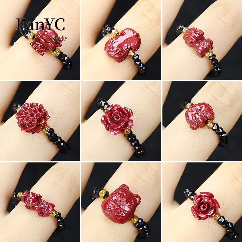 Natural Cinnabar Rose Ring Black Spinel Hand-woven Beaded Cinnabar Ring Peace and Luck Auspicious Amulet Holiday Gift