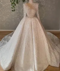 Luxurious Sequined Shiny Wedding Dresses High Neck Long Sleeves Bridal Gowns Customized See Through Illusion Vestido de novia
