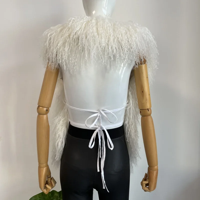 BEIZIRU Women's Fluffy Luxury Real Mongolian Fur Halter Vest Sleeveless Deep V-Neck Solid Top Outerwear