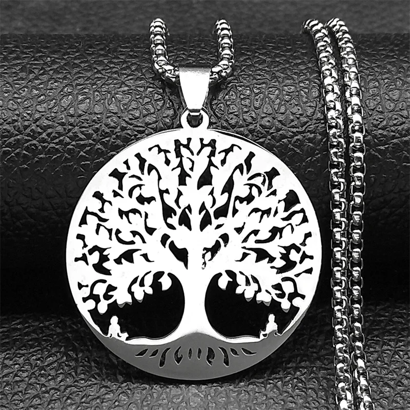 

Tree of Life Stainless Steel Pendant Plant Long Necklace for Women Men Sliver Color Lucky Amulet Couple Jewelry Party Gift