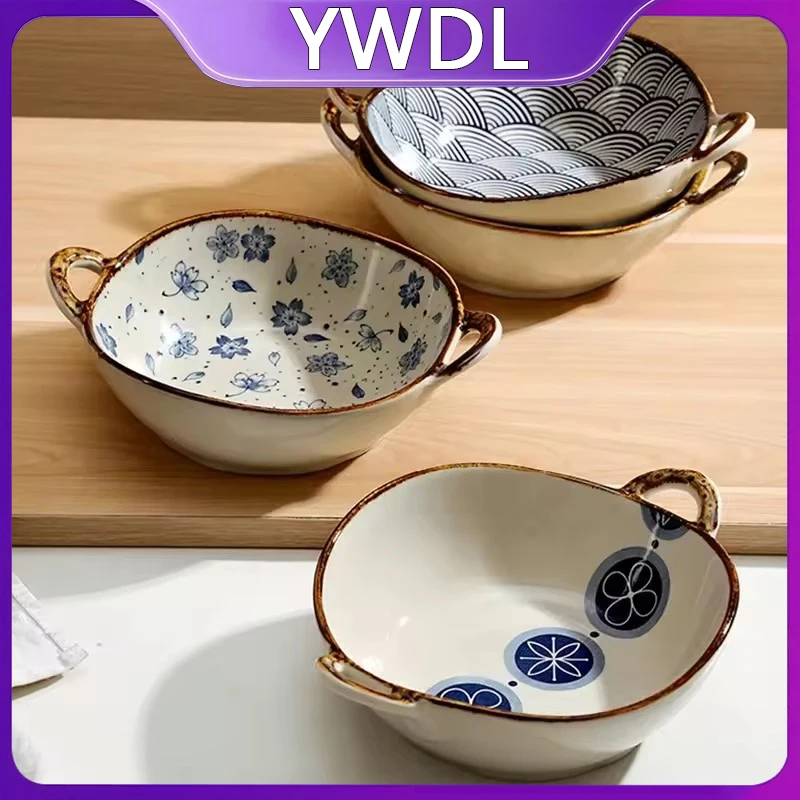 YWDL 700ml Ceramic Salad Bowl With Handle Kitchen Soup Noodle Bowl Fruit Plate Japanese Tableware Microwave Pan Dropshipping