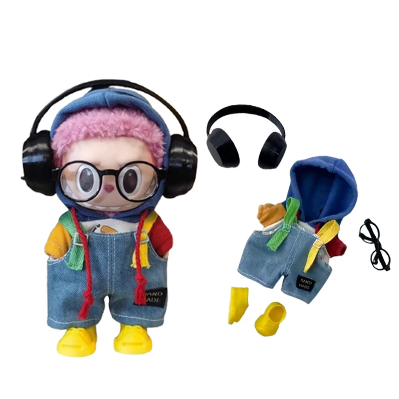 

Labubu Doll Clothes Black Label Denim Overalls Trendy Stylish Boys Idol Hoodie Costume 17cm Labubu V1 V2 Pendant Accessories